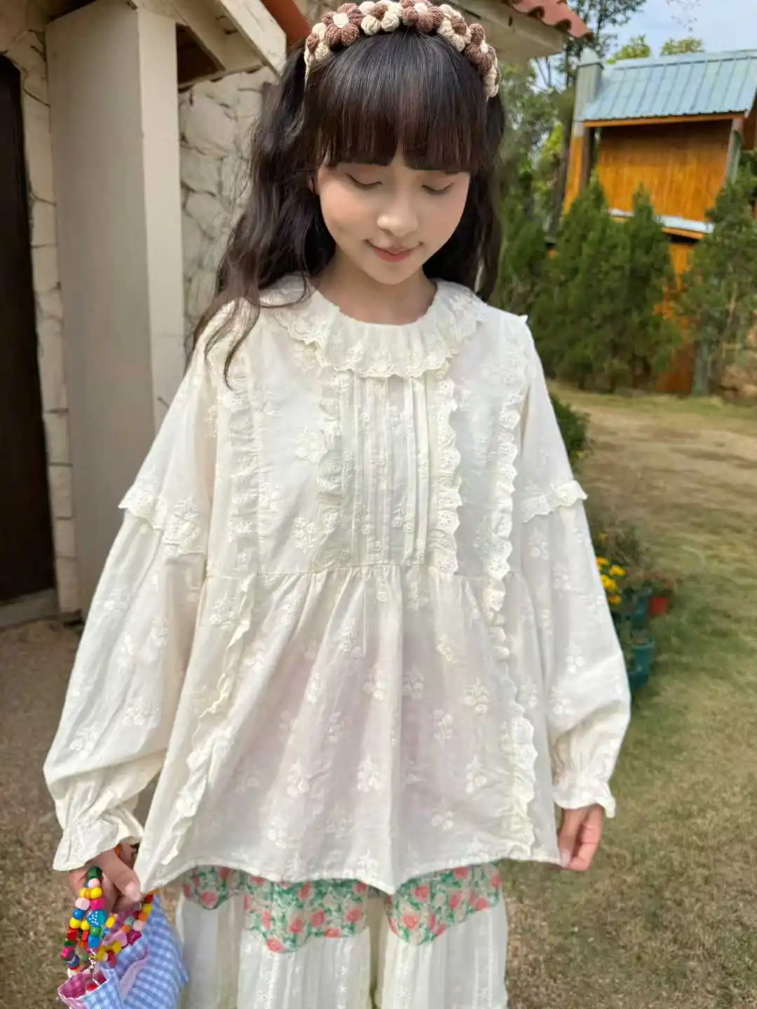 Vintage Autumn Sweet Kawaii Cartton Japanese Mori Girl Cotton Shirt Female Rococo Korean Style Retro Chic Pleated Lace Blouse