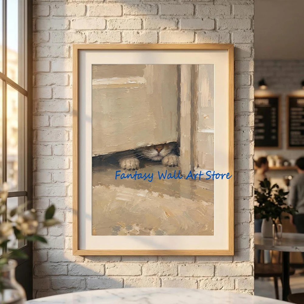 Cat Dog Under Bathroom Door Funny Pet Art Poster Humorous Cat Dog Bathroom Wall Decor Canvas Prints Poster Cat Lover Home Decor
