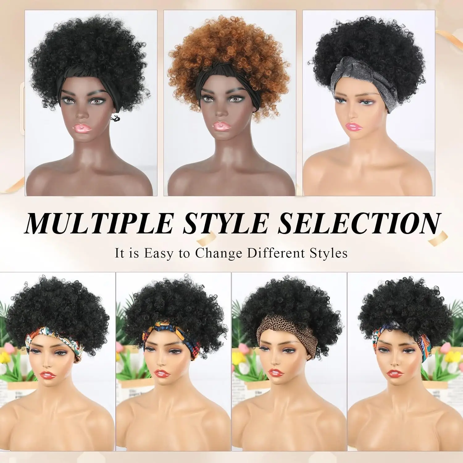 Short Ombre Headband Wig Kinky Curly Headband Wig with Bangs for Women Synthetic Afro Curly Wig with Headband Attached Blonde Ki