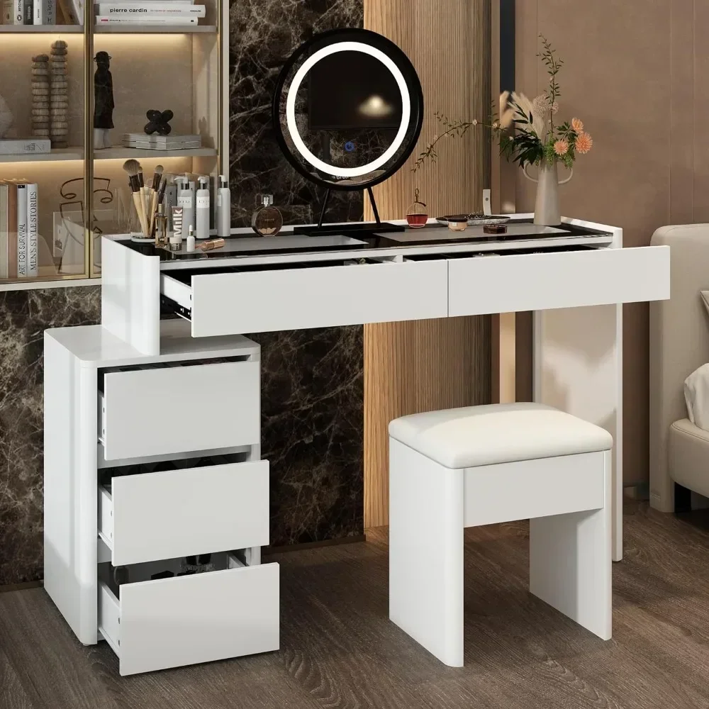 Bureau de maquillage avec miroir éclairé et bureau en verre, vanité de maquillage avec tiroirs, coiffeuse de bureau de maquillage, bord rond, tabouret coussin