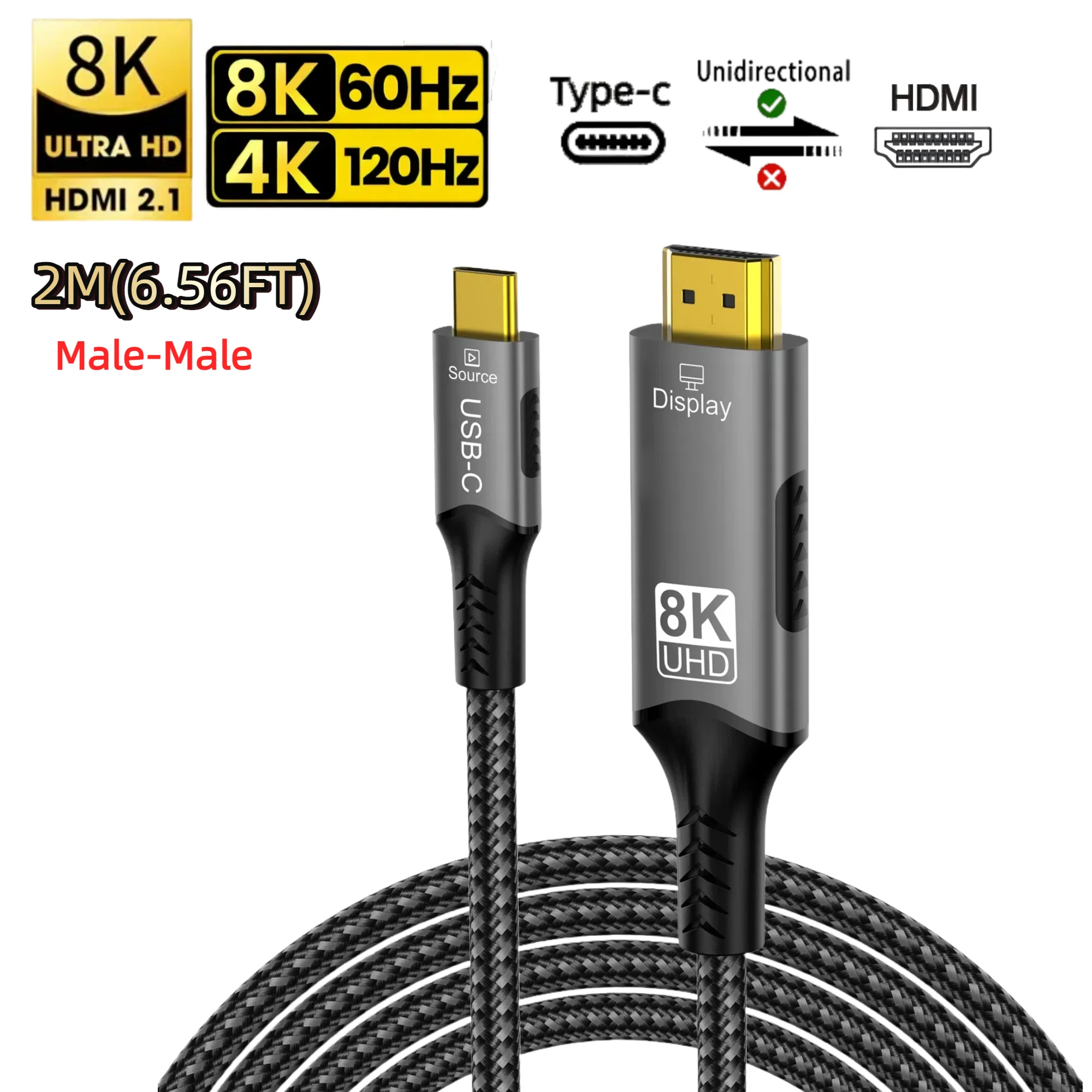 Type C naar HDMI-kabel 8K@60Hz 4K@120Hz 2K@240Hz USB C naar HDMI 2.1-snoer Compatibel voor TV-converter MacBook iPad Samsung Galaxy