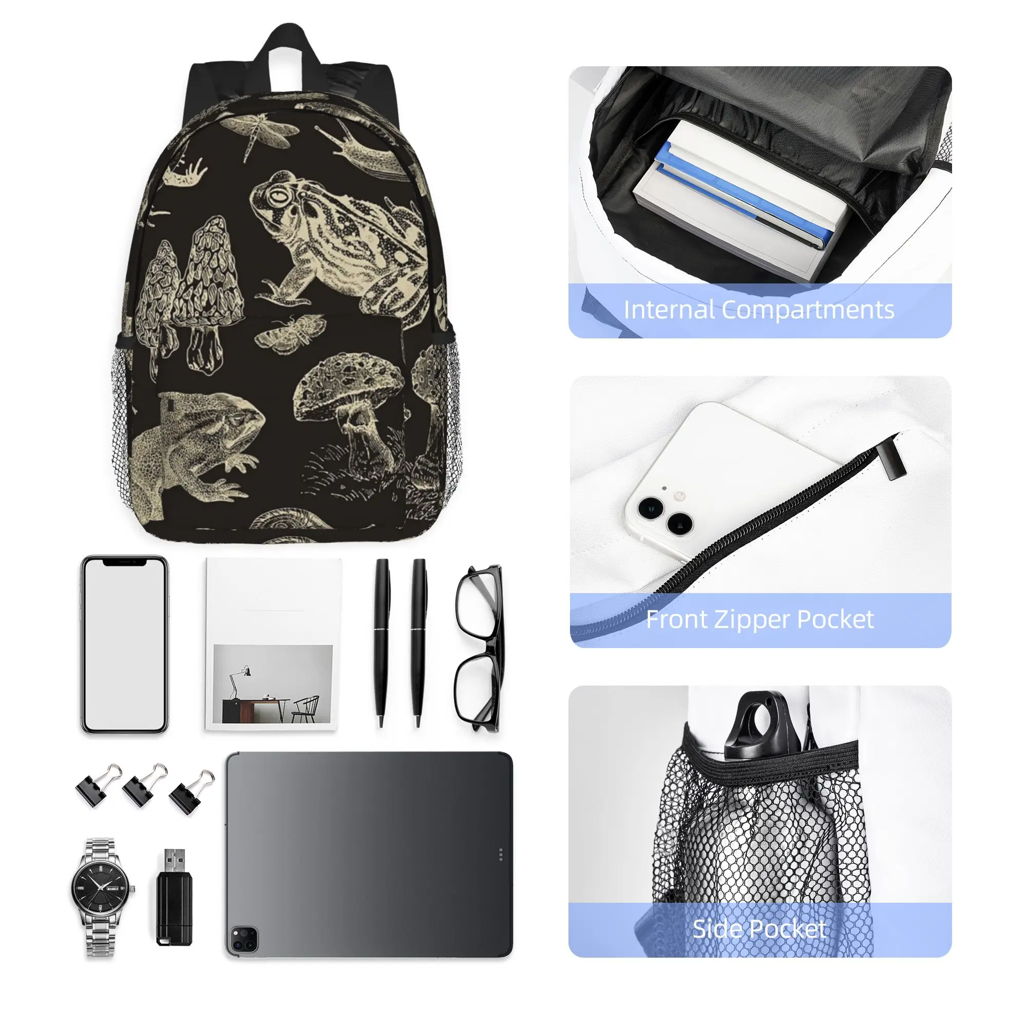 Frog Mushroom Snail And Moth Insects Backpack Hot Sale Daypack Boys Girls BookBag Shoulder Bags for Men Women School Bag