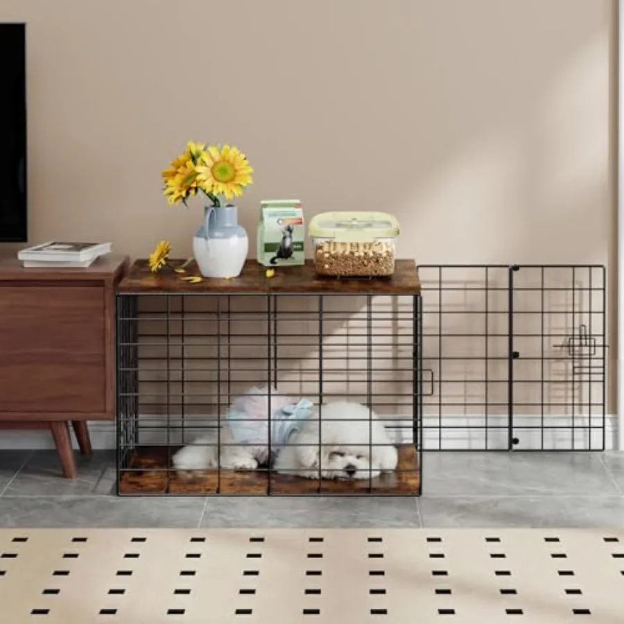 

24-дюймовый мебельный вольер для маленьких собак - всесезонный комнатный вольер с деревянной крышкой и утолщенной металлической проволочной клеткой для маленьких собак