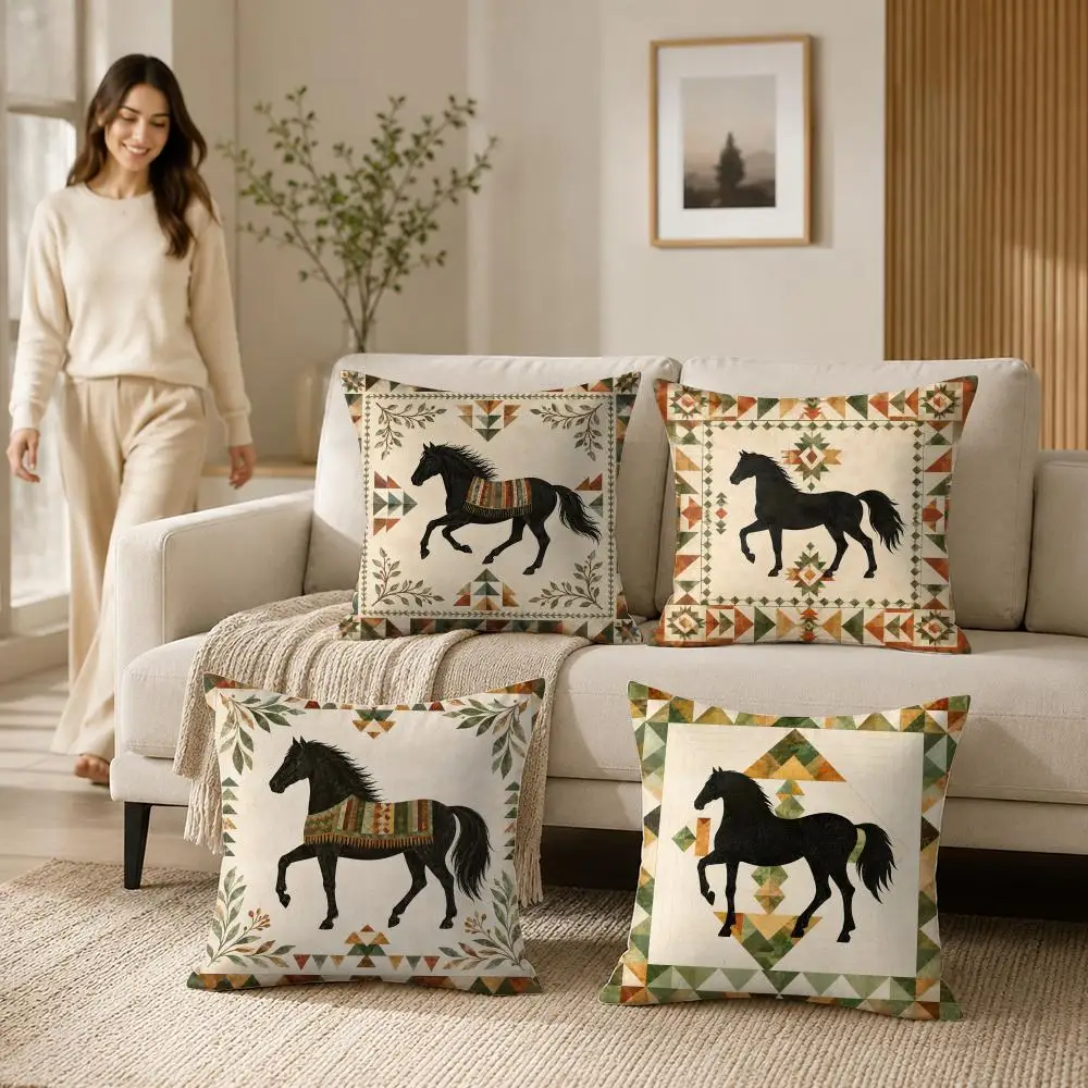 Vintage Horse Print Cushion Cover Soft Short Plush Pillow Case Double Sided Print Washable Sofa Home Decor Gift