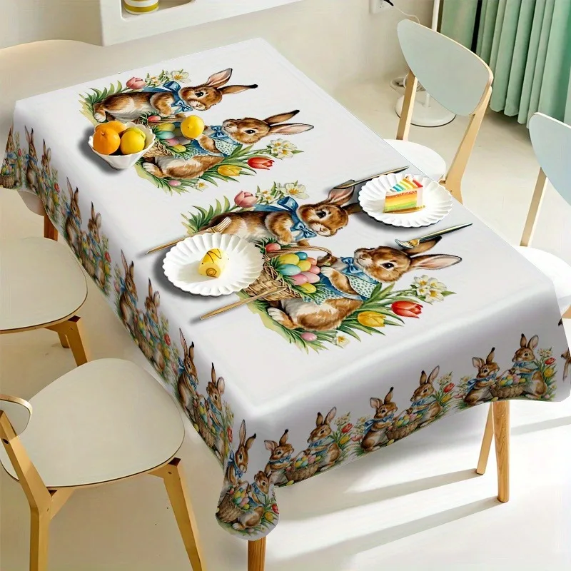 Easter Bunny Egg Flowers Waterproof Tablecloth Table Decor Reusable Farmhouse Kitchen Dining Tablecloth Easter Decorations