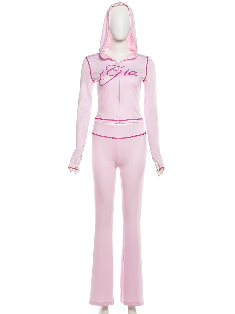 Kliou Letter Print Casual 2 Piece Set Woman Autumn Trend Full Sleeve Hooded Zip Jacket+Straight Trousers Street Fashion Outfits