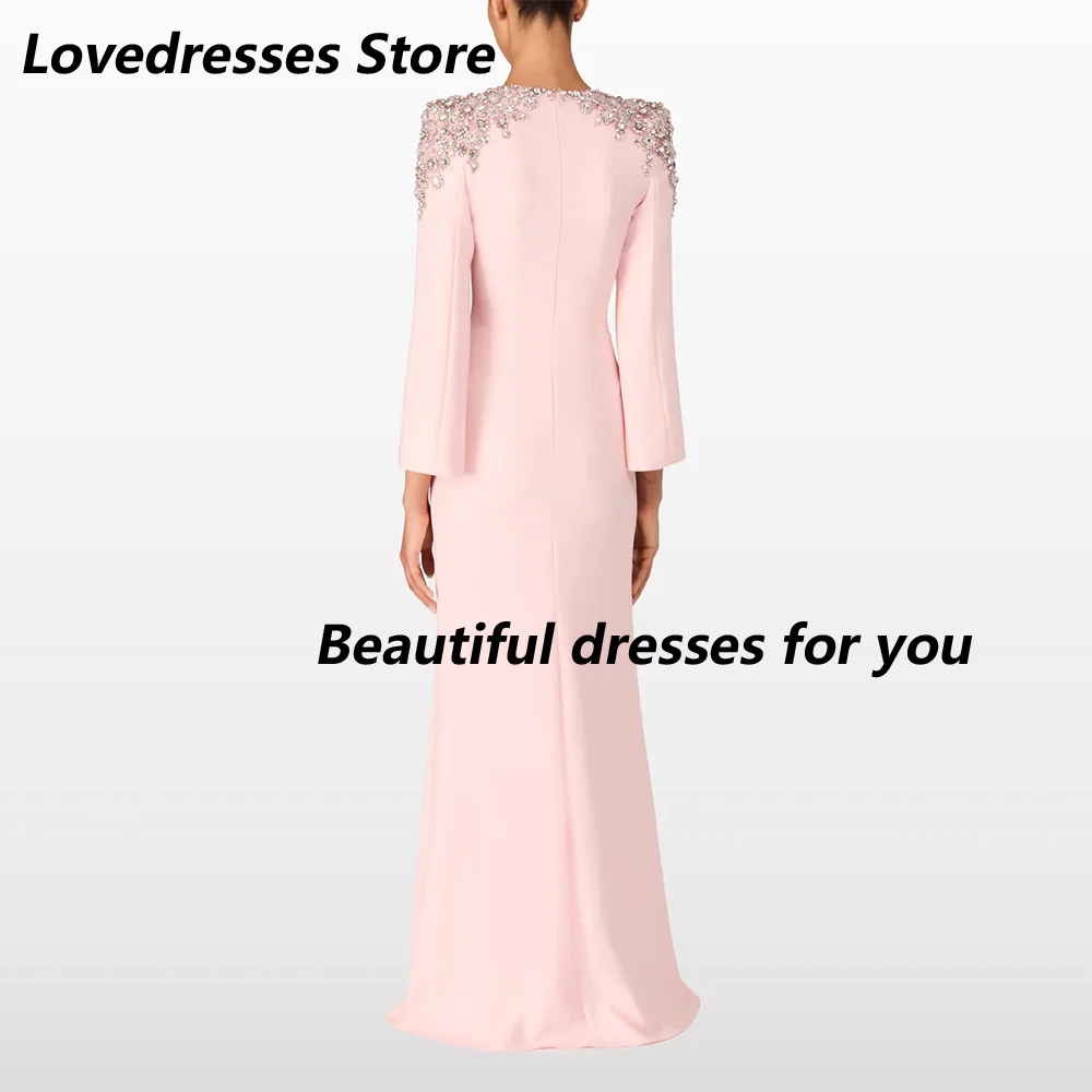 Vestido de noite luxuoso, cristal, gola redonda, mangas compridas, sereia, vestidos de noite para mulheres, trompete rosa, vestidos de festa formais personalizados