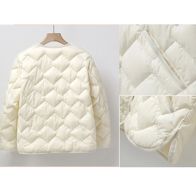 Nueva chaqueta ligera de plumón de pato blanco Parka para mujer con entramado de diamantes Otoño Invierno abrigo de gran tamaño para mujer prendas de vestir con cuello levantado corto