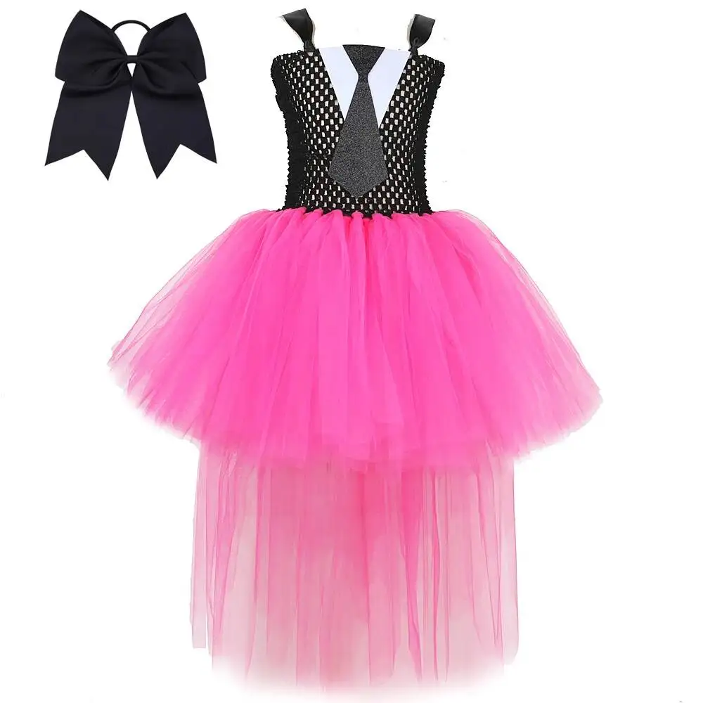 Girls Hot Pink Black Tuxedo Tutu Dress High Low Trailing Tulle Outfit Kids School Stage Costume with Big Bow Hairclip