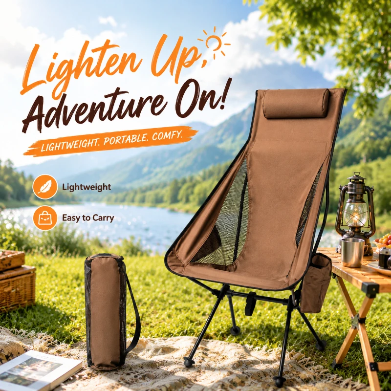 

Comfort Headrest Aluminum Camping Chair, Foldable Lightweight Fishing Chair Portable Outdoor Furniture for Beach & Hiking