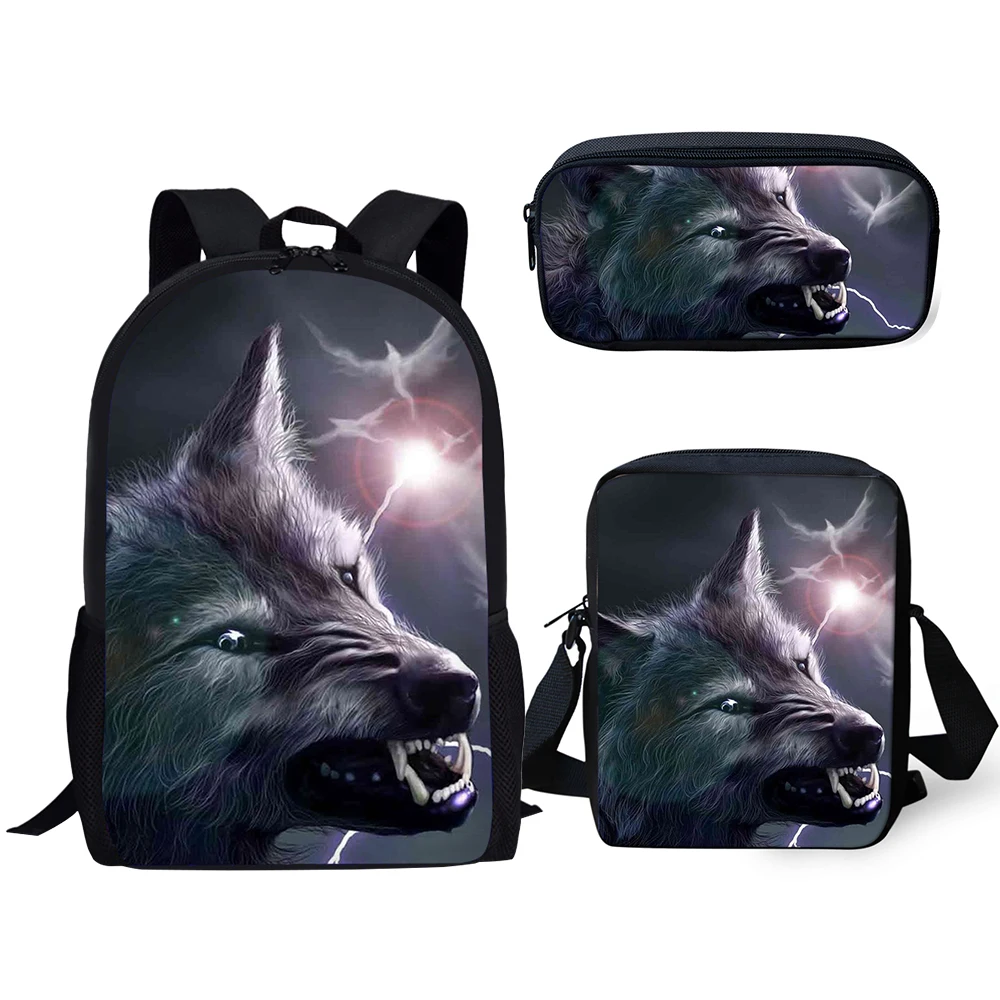 Sacs de voyage pour étudiants, sac à dos pour ordinateur portable, sac à dos lancé, trousse à crayons, populaire, américains, lune, loup, impression 3D, ensemble de 3 pièces