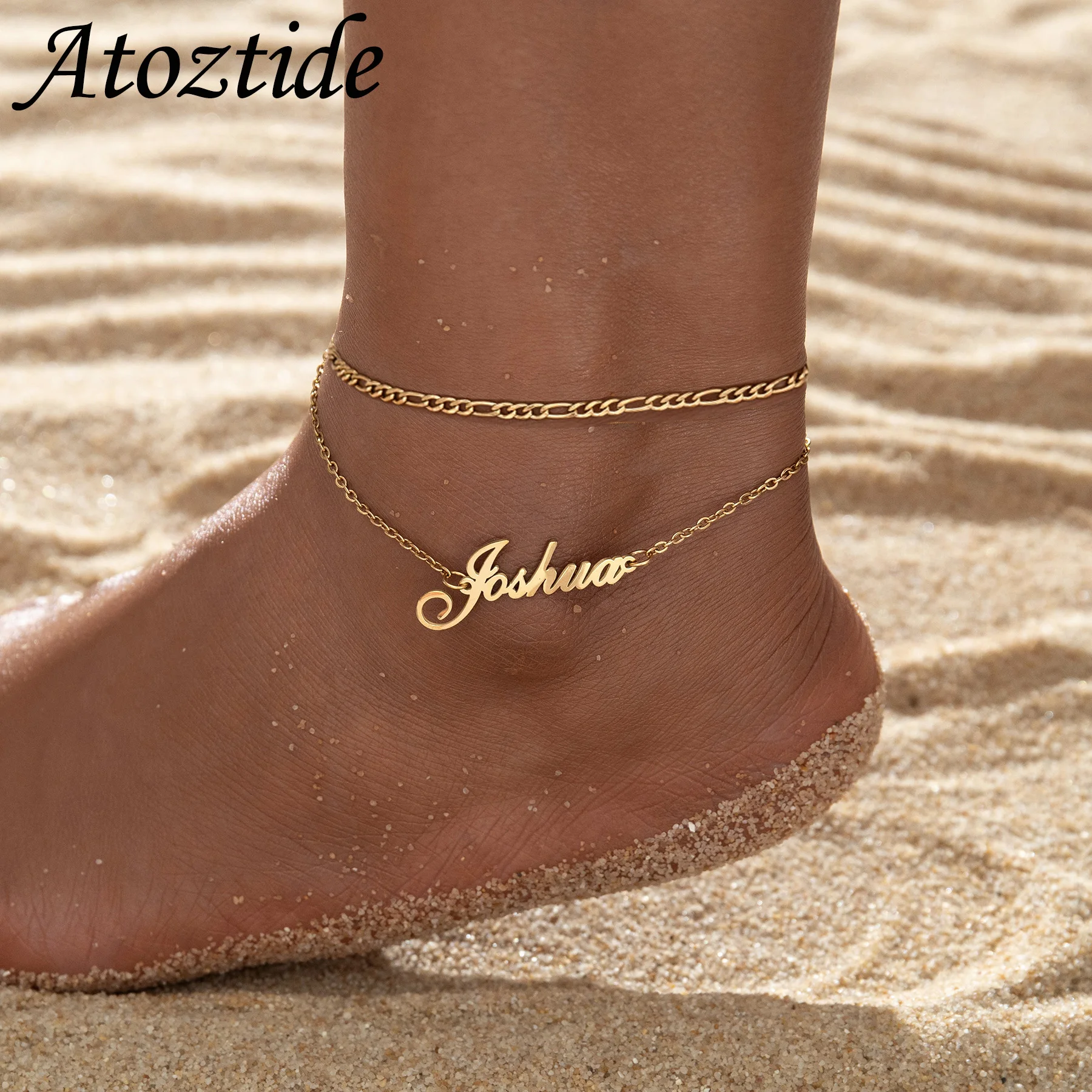 Atoztide 18cm Personalized Custom Name Anklet 2 Layer Leg Chain for Women Stainless Steel Letter Charms Twice Chain Jewelry Gift