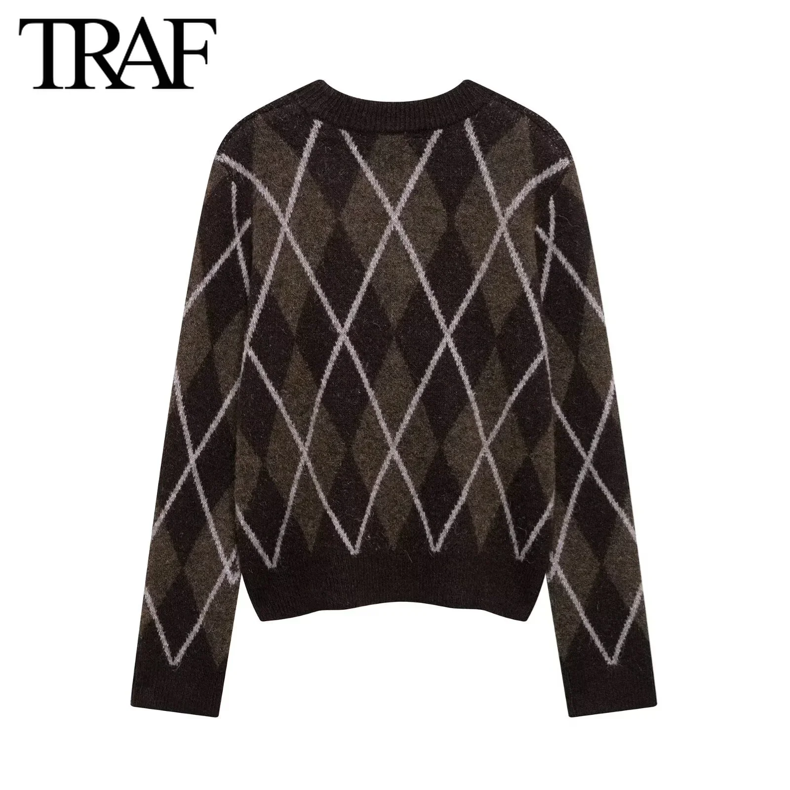 TRAF Knitted Sweater for Women Fashion Autumn Winter New Diamond Pattern O-neck Pullover Chic Female Knit Sweaters Mujer