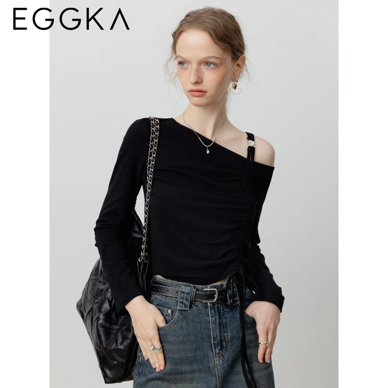 EGGKA Autumn Slanted Shoulder Tops Women Lady Asymmetric Collar Long-sleeve Tops Female Slim T-shirts Korean Fashion Black Tees