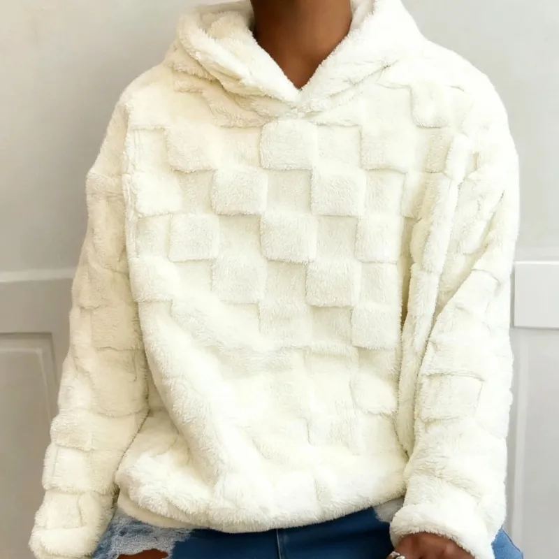 Women Checkered Grid Fluffy Teddy Hoodie Oversized Casual Autumn Winter American Retro Long Sleeve Warm Fashion Basic Sweatshirt