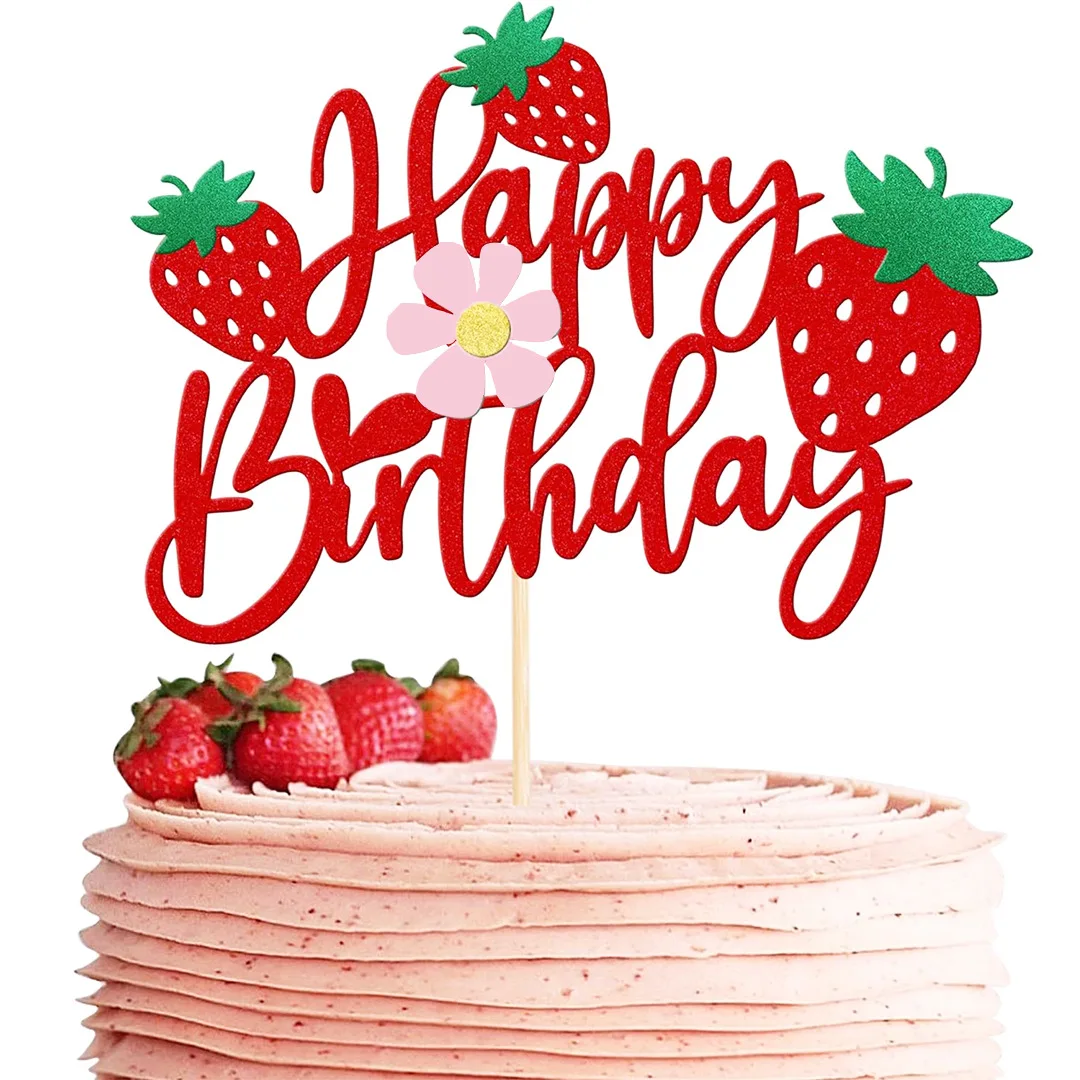 Strawberry Cake Topper Flags Happy Birthday Decoration Cupcake Toppers kids 1st Birthday Party Baby Shower Cake Baking Decor