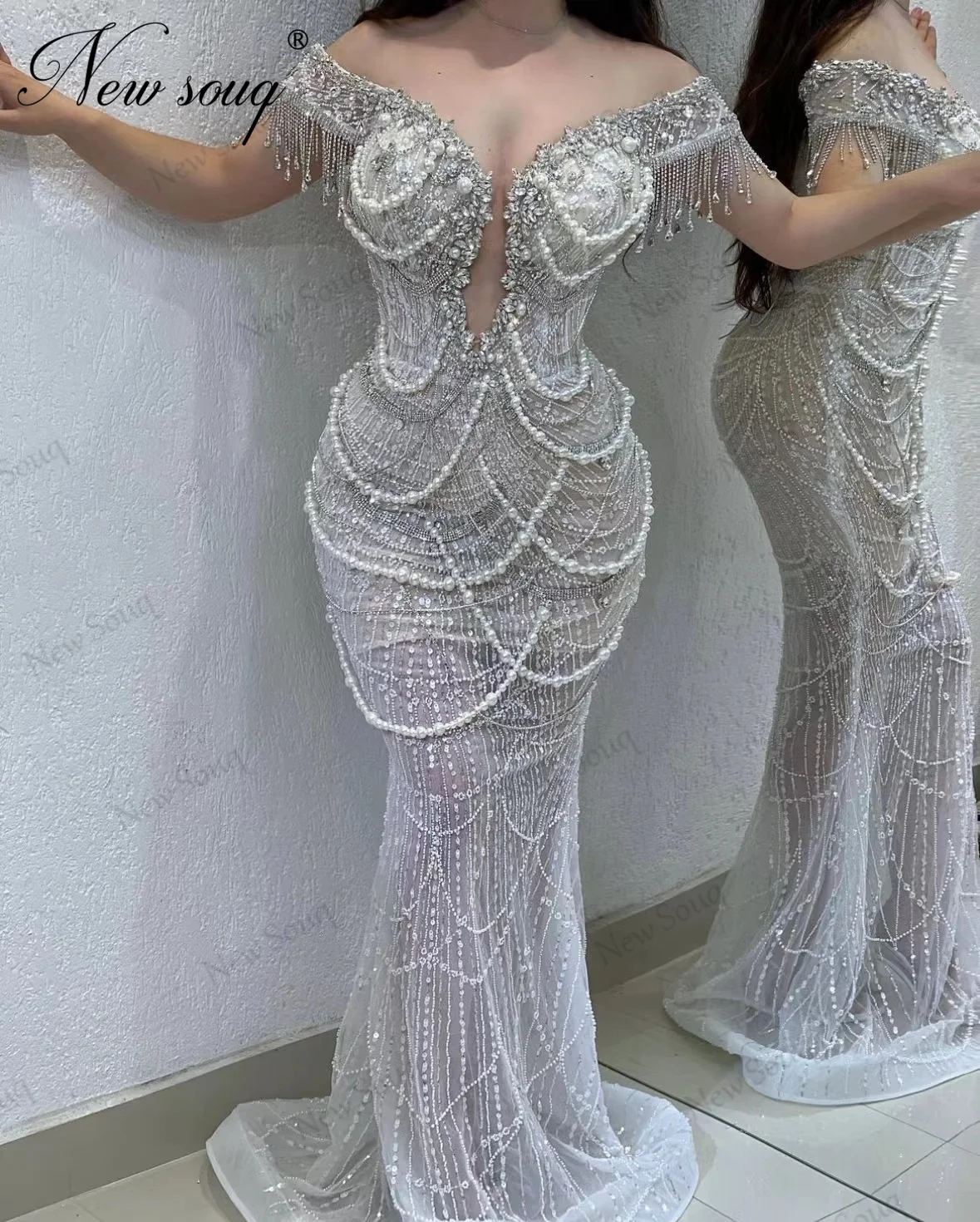 Vestidos hechos a mano con cuentas para mujer, vestidos De noche con hombros descubiertos, diseño De Dubai, perlas árabes, vestidos De fiesta De celebridades, 2023