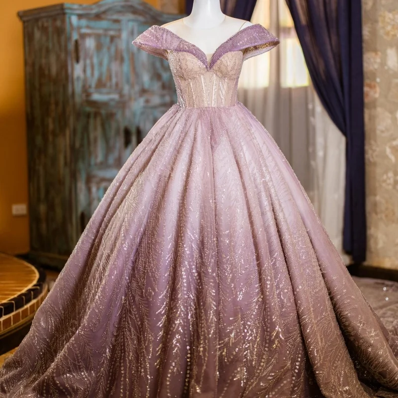 

Purple Quinceanera Dresses Off the Shoulder Glitter Crystal Decal Layering Long tail Big Bow Vestidoe 15 Quinceanera Customize