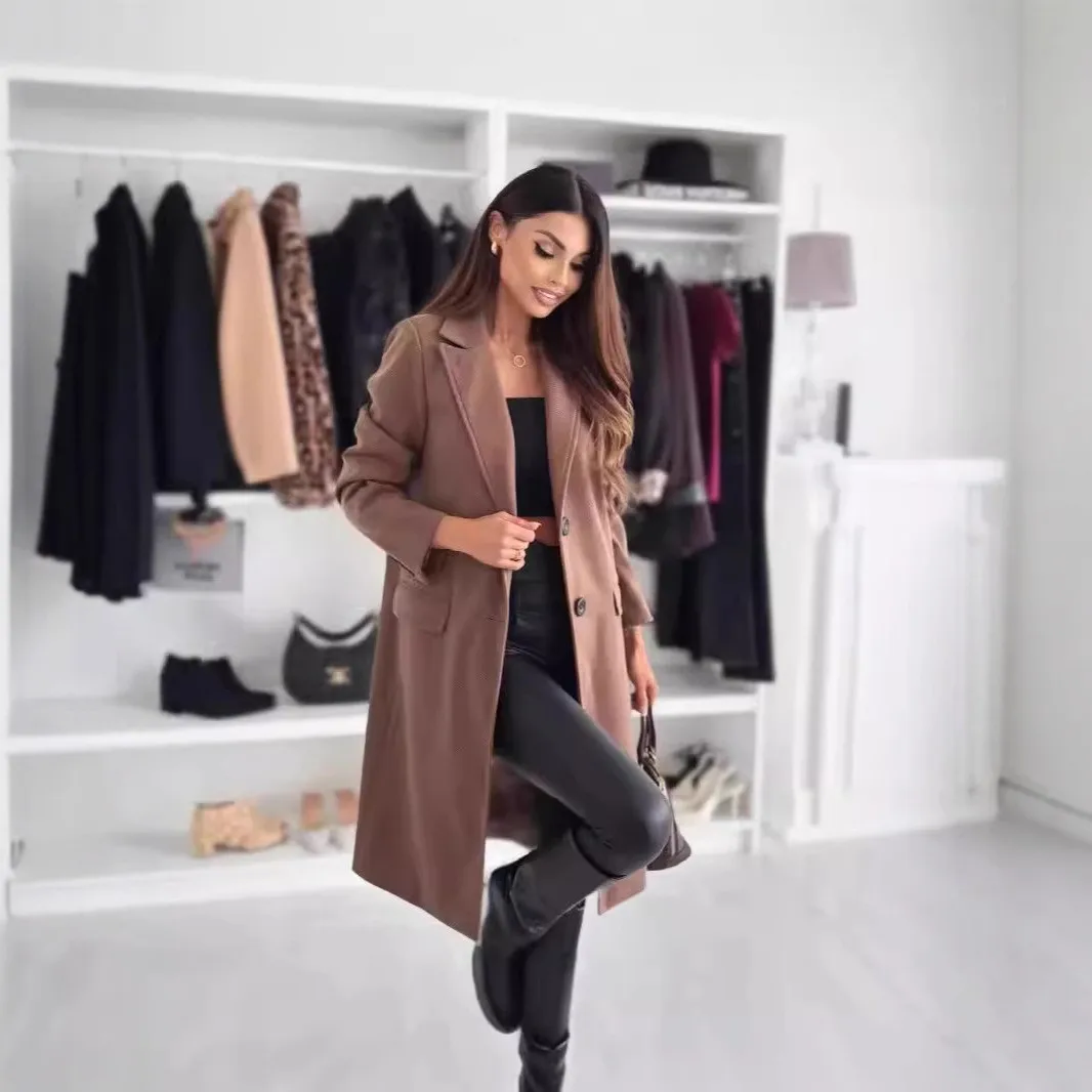 Women's Winter Autumn Medium Weight Elegant Single Breasted Coat Notched Lapel Two Button Solid Color Brushed Sleeve Knee Length