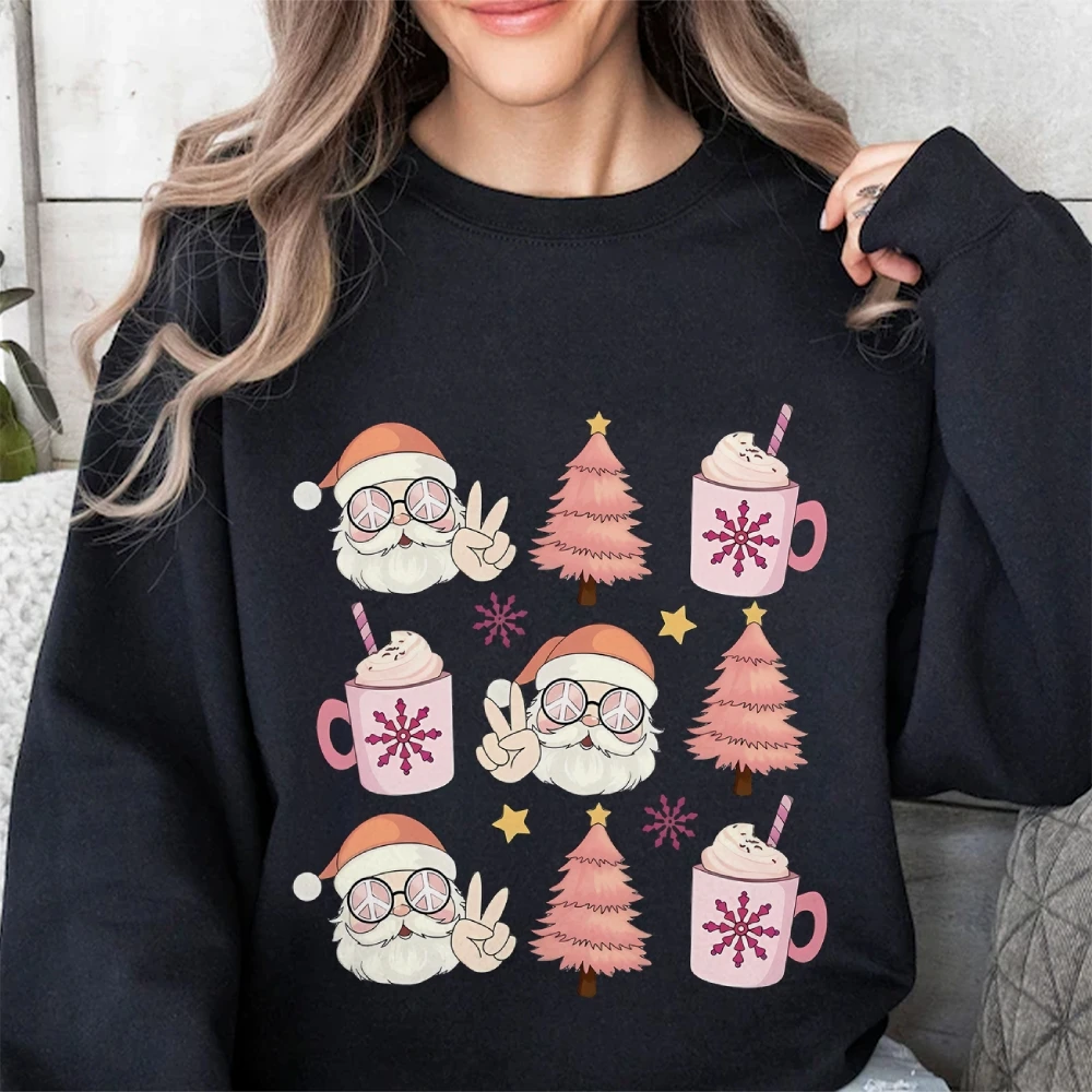 Ladies Cotton Hoodie Sweater Christmas Style Santa Pine Graphic Print Chic Loose Shoulder New Trend Crew Neck Sweatshirt