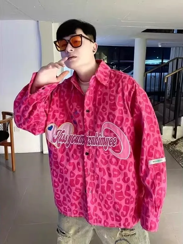 

Мужская хлопковая рубашка больших размеров с леопардовым принтом, вышивкой и пуговицами, в американском уличном стиле, с длинным рукавом, повседневная