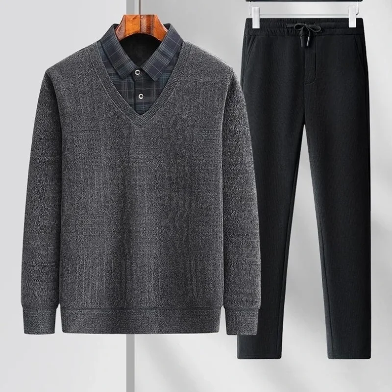 Men Fake Two Piece Plaid Collar Knit Sweater And Elastic Waist Casual Pants Warm Fleece Lined Set For Middle Aged view 4