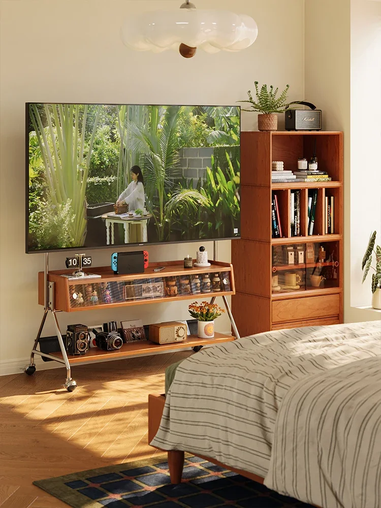 Solid wood TV, mobile bracket 2025 new small apartment floor-to-ceiling living room monitor rack