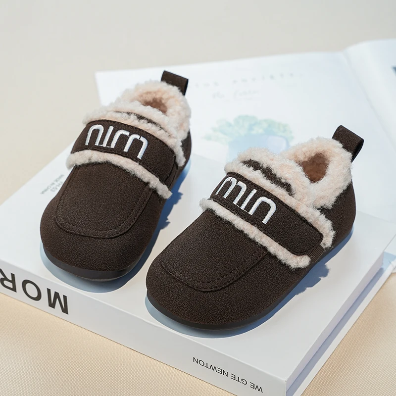 Girls Cotton Shoes New Winter Children Plus Velvet Warm Shallow Student Sneakers for Kids Girl White Fur Bordered Loafers