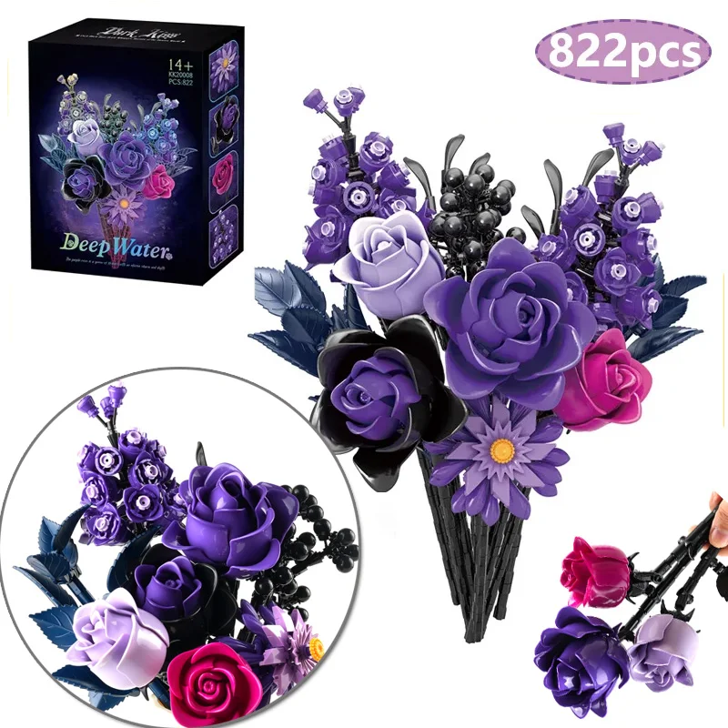 

822pcs Purple Rose Bouquet Model Building Blocks Set Simulation Artificial Botanical Decor Toy MOC Bricks Girls Valentines Gifts