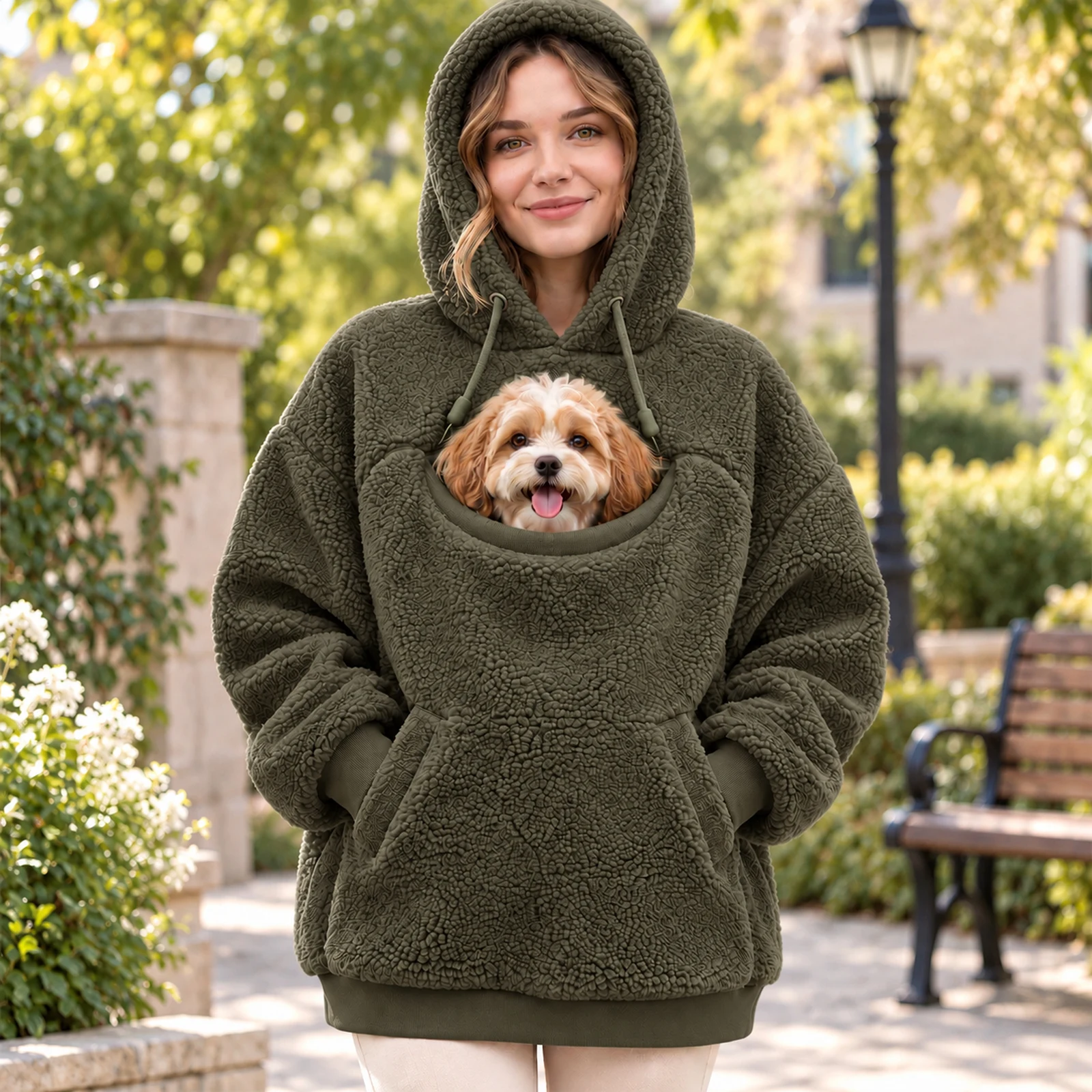 Hooded Top Warm Pet Hoodie Sweatshirt Winter Kangaroo Pouch Pullover Cozy Dog Carrier Hooded Top Women Casual Loose Outerwear