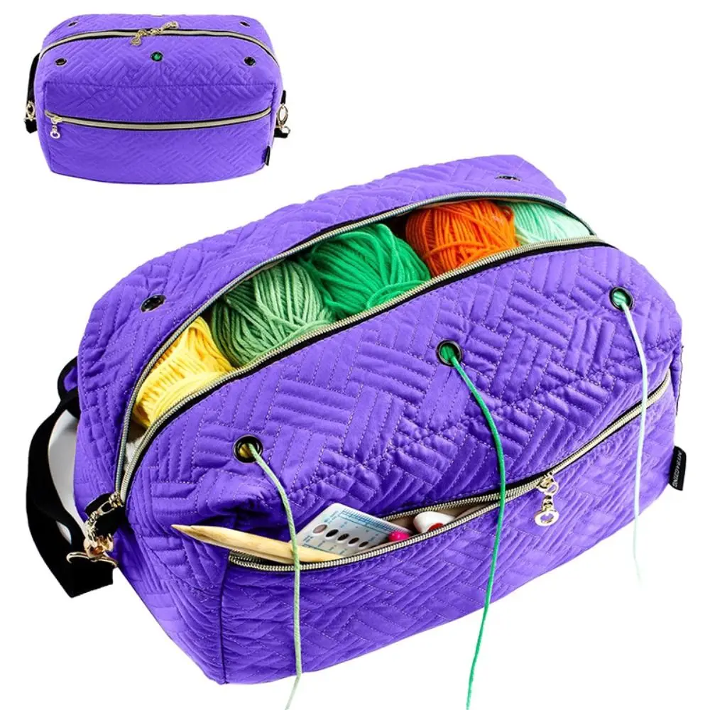 

Adjustable Shoulder Strap Portable Knitting Bag Detachable 6 Metal Grommets Crochet Storage Organizer 2 Side Pockets Wide-open