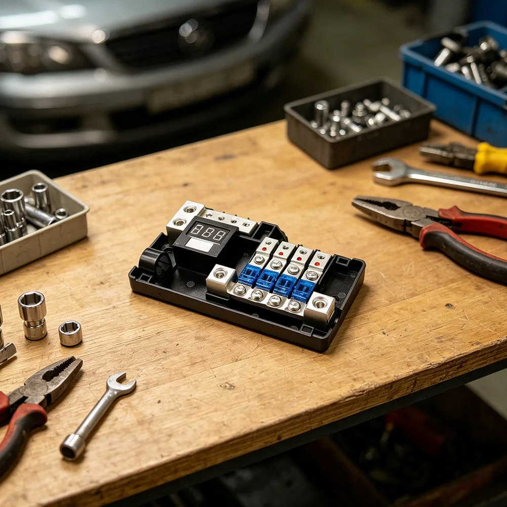 4-Way Fused Car Audio Distribution Terminal with Digital Voltage Display and 8mm 4GA 5mm 8GA Output Terminal Options