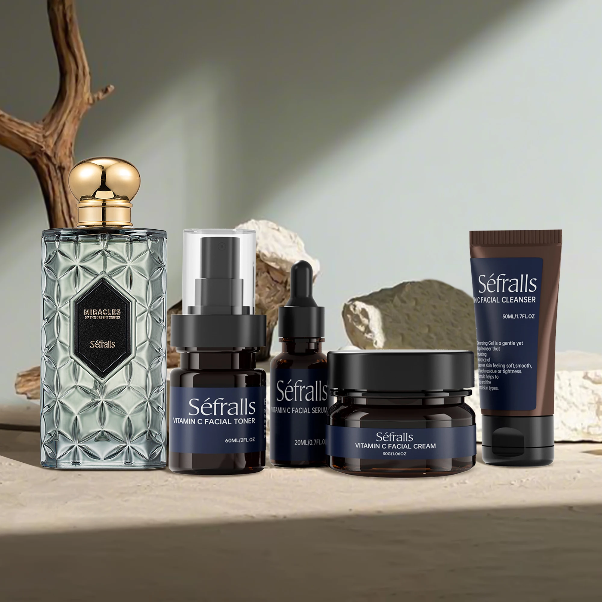 

Séfralls NOIR WOOD Woody Night Perfume + VC Skincare Set. Features 100ml Facial Cleanser, 20ml Toner, 50ml Facial Essence