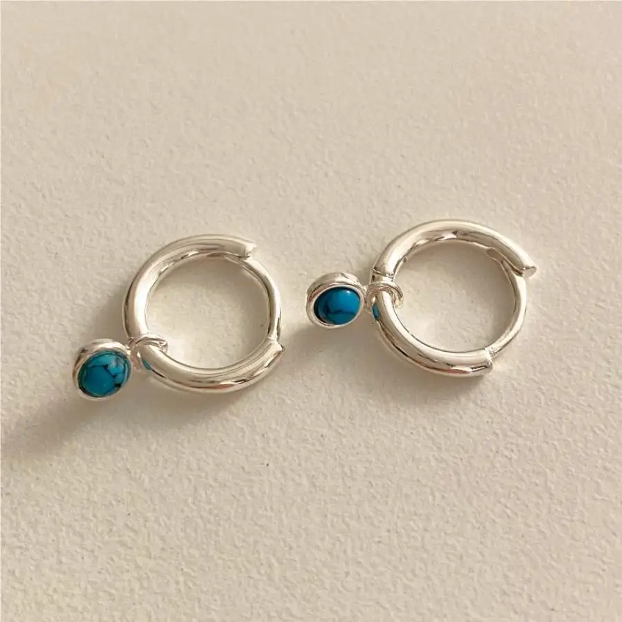 

S925 Sterling Silver Korean Fashion Hoop Earrings for Women Blue Turquoise Pendant Earrings High Luxury Women's Jewelry Party