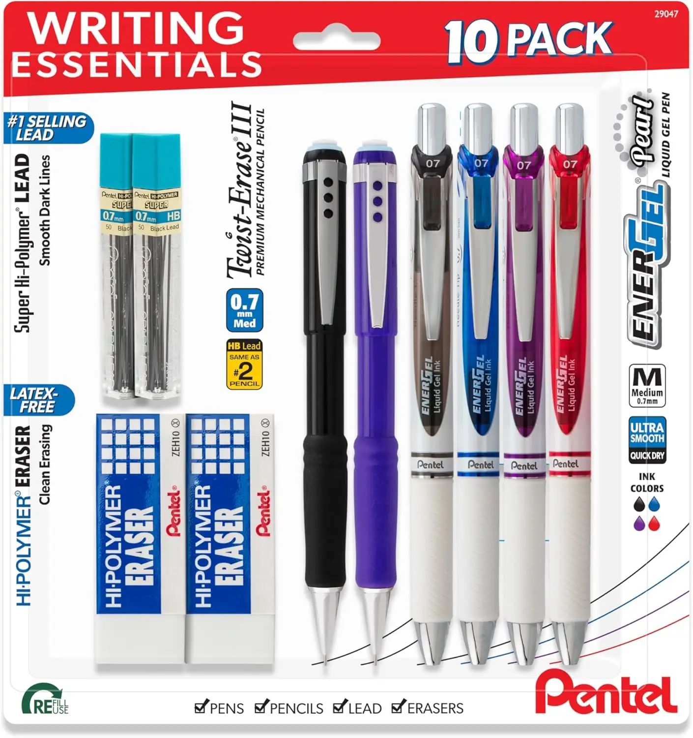 

Набор для письма из 10 предметов: 4 гелевые ручки, 2 механических карандаша, ластики и грифели для школы/офиса