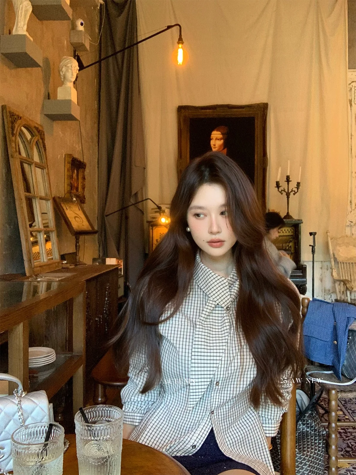 

Ele Floral irt Women's Long Sve Waist-Cinching Plaid irt Autumn Beau White Cotton irt Irregular Collar Design