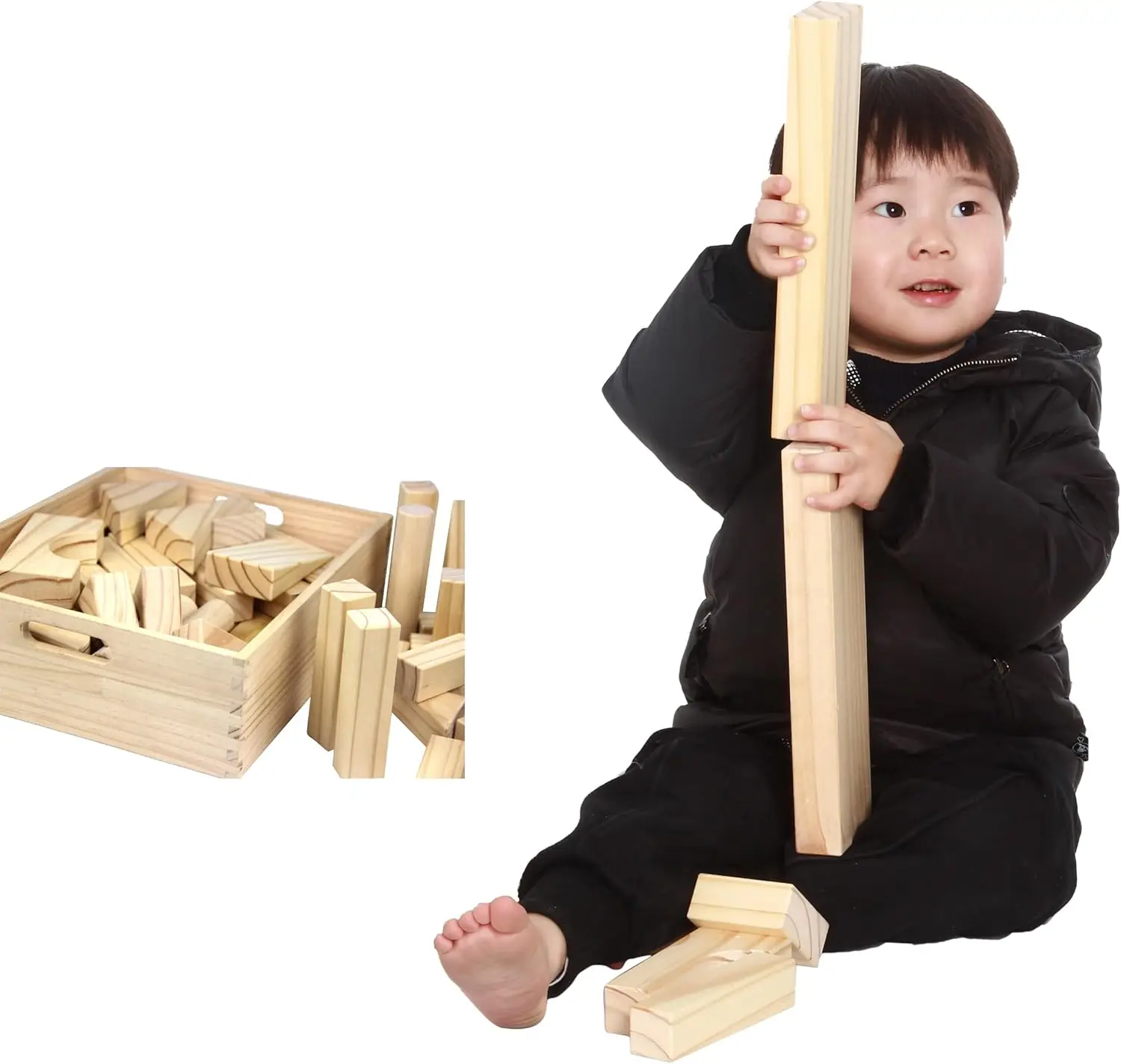 Bloques de construcción de unidad estándar para niños pequeños con bandeja de almacenamiento (64 piezas) Bloques de madera lijada para niños, STEAM original y STEM