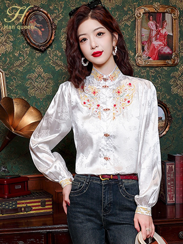 H Han Queen 2024 Spring Shirts And Blouses Vintage Women Clothes Embroidery Chiffon Elegant Blouse Loose Casual Long Sleeve Tops