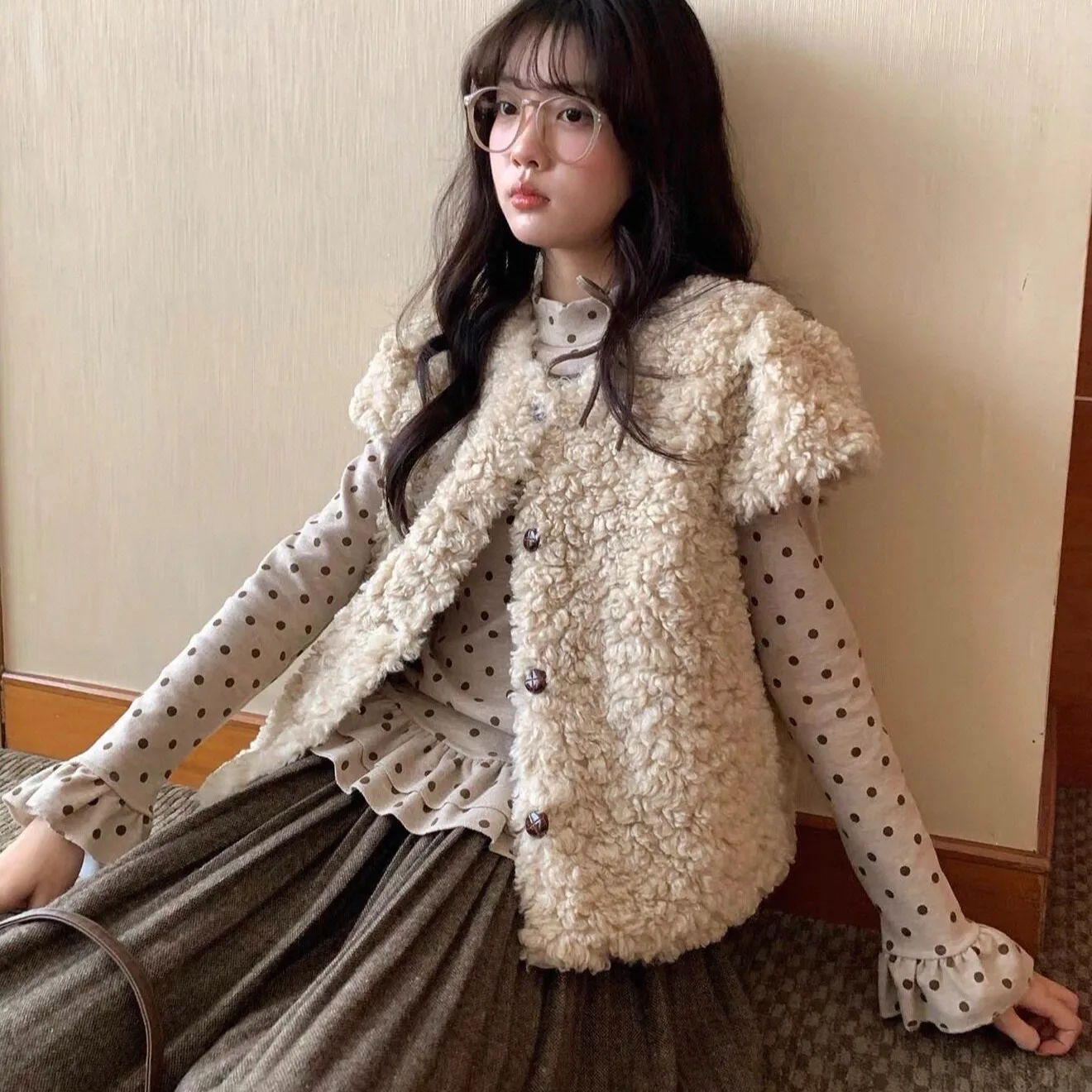 Korean Sweet Short Lamb Fur Vest Cardigan Outerwear Girl's Polka Dot Two-Piece Set Casual Style Geometric Pattern Long Sleeve