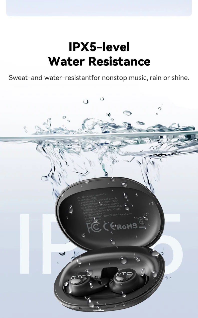 HTC NE76 Kabellose Bluetooth-Kopfhörer TWS In-Ear-Ohrhörer Bluetooth 5.4 Mikrofon IPX5 Wasserdicht Sport-Ohrhörer für iOS Android – Detail 9