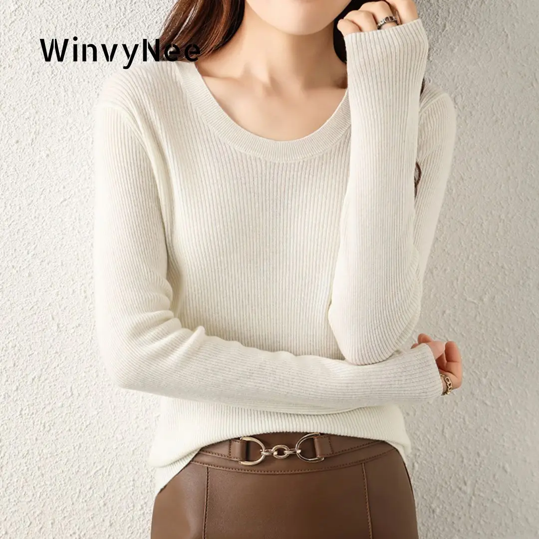 

Женские пуловеры WinvyNee из камвольной шерсти с широким круглым вырезом, в рубчик, облегающие, базовые, для многослойных образов, весна-осень, универсальные, эластичные A1757011