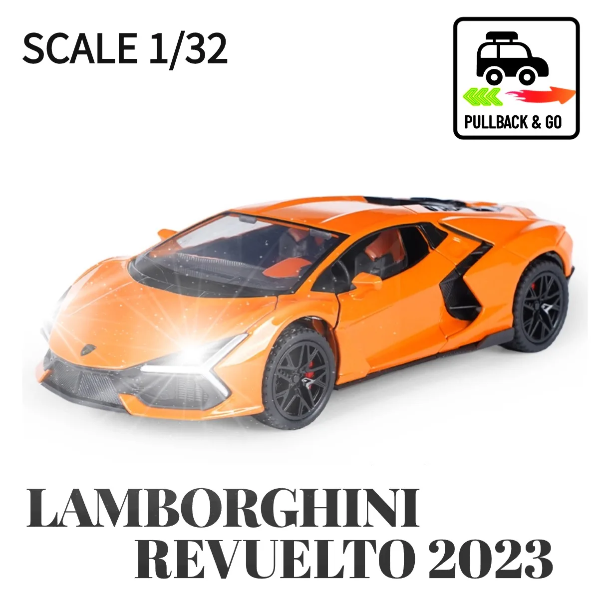 

1:32 Lamborghini Revuelto 2023 Pullback Car Toy with Lights Engine Sound, Scale Diecast Car Model Replica Kid Boy Play Gift