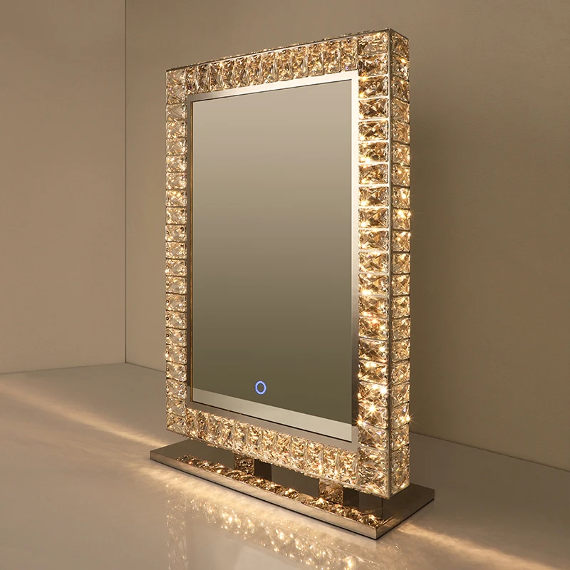 Rectangle Led Crushed Diamond Mirror Wall Crystal Salon Mirror With Led Lights And Crystal