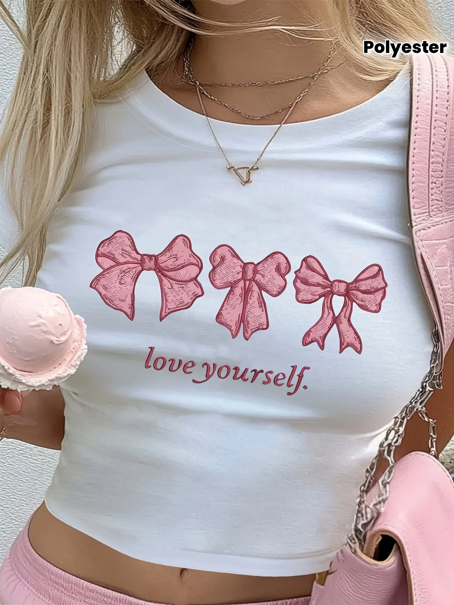 Y2k Camiseta corta con estampado gráfico de lazo, manga corta, cuello redondo, informal, para primavera y verano, ropa de mujer