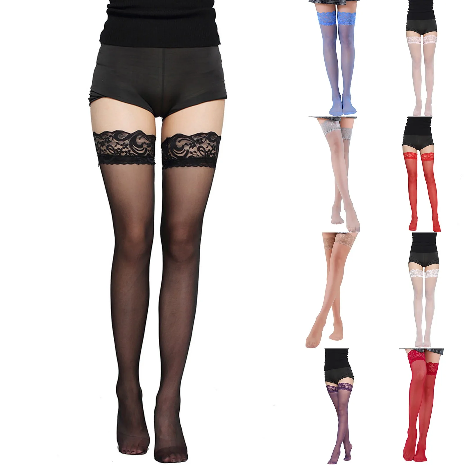 Sexy Thigh High Stockings Sheer Lace Stockings Stay Up Hosiery Tights Solid Over Knee Thigh Long Socks Pantyhose for Women