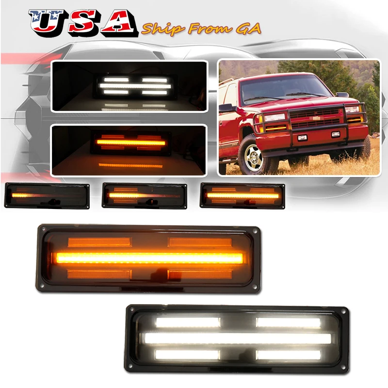 

For 1988-1998 Chevy GMC C10 C/K 1500 2500 3500 Bumper Lights Daytime Running Lights/White LED as DRL& Amber LED as Turn Signals