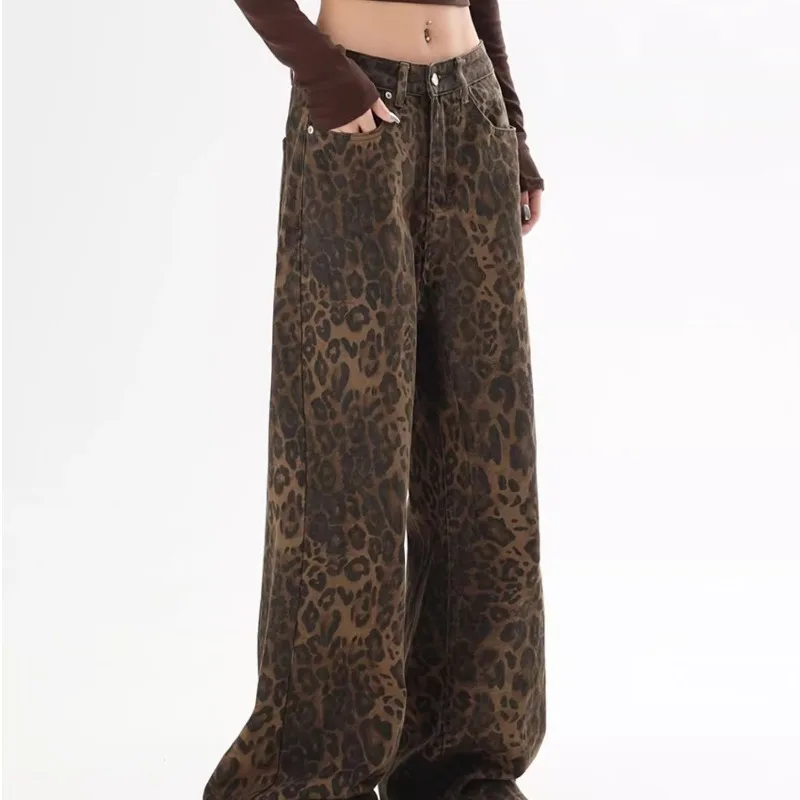 Amerikaanse vintage luipaardprint jeans dames herfst winter nieuw design gevoel kleine rechte buis overall casual broek