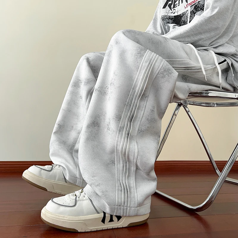 2026 New Spring Men's Casual Pants Sweatpants Wide Leg Straight Loose Pants Korean Fashion Patchwork Knit Long Track Trousers
