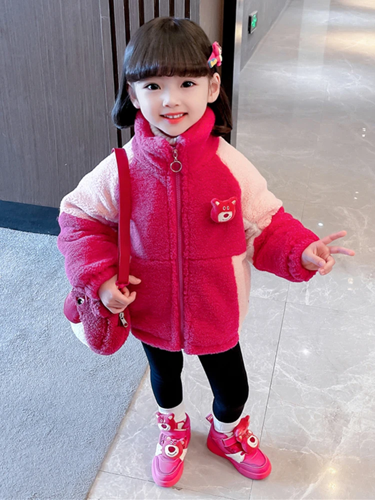 

Girls' Fleece -lined Coats Autumn Winter New Cartoon Lotso Sweet Cute Long Sleeve Tops Children Splicing Casual Warm Coat