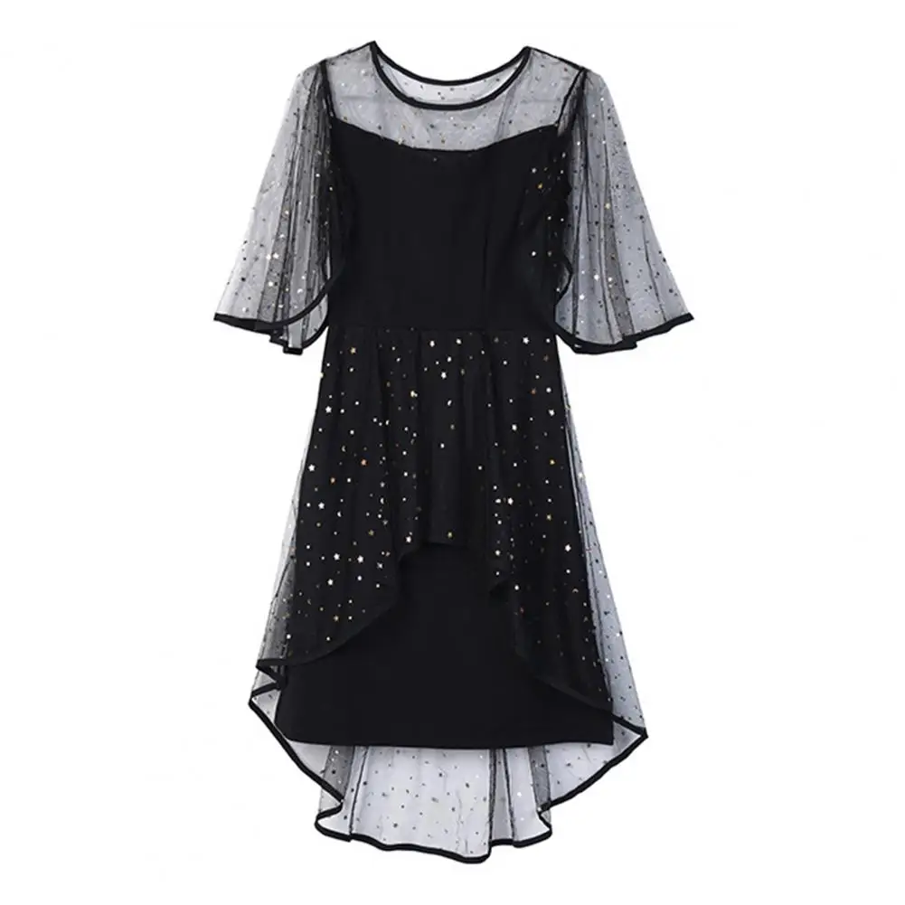 

Round Neck Dress Elegant Star Sequin Mesh Evening Dress with Double-layered Ruffle Sleeves for Prom Parties Date Nights Loose